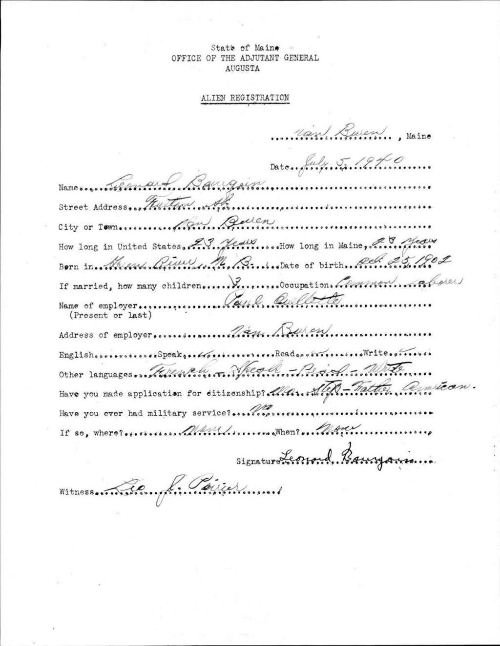 Miniature of Alien Registration- Bourgoin, Leonard (Van Buren, Aroostook County)