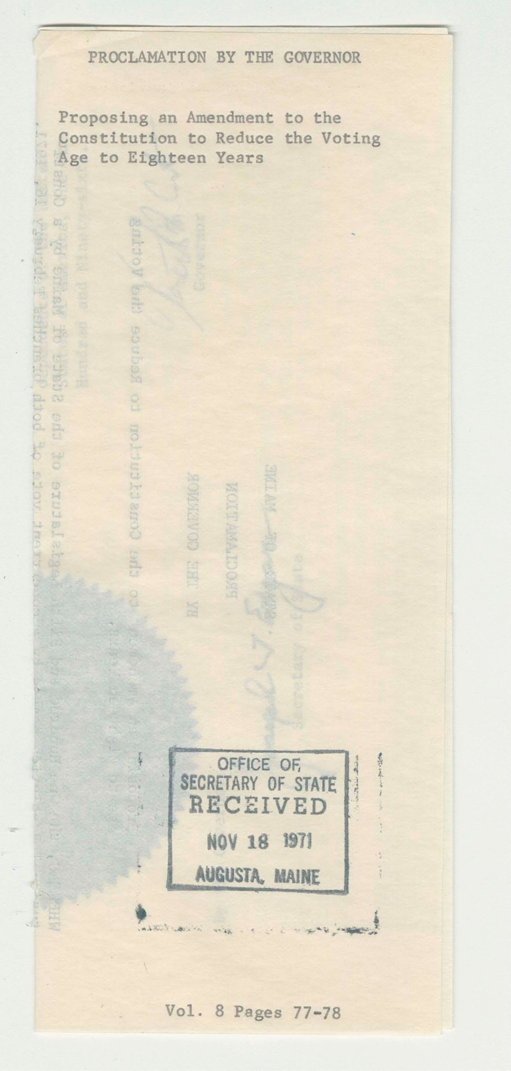 Miniature of Proposing an Amendment to the Constitution to Reduce the Voting Age to Eighteen Years