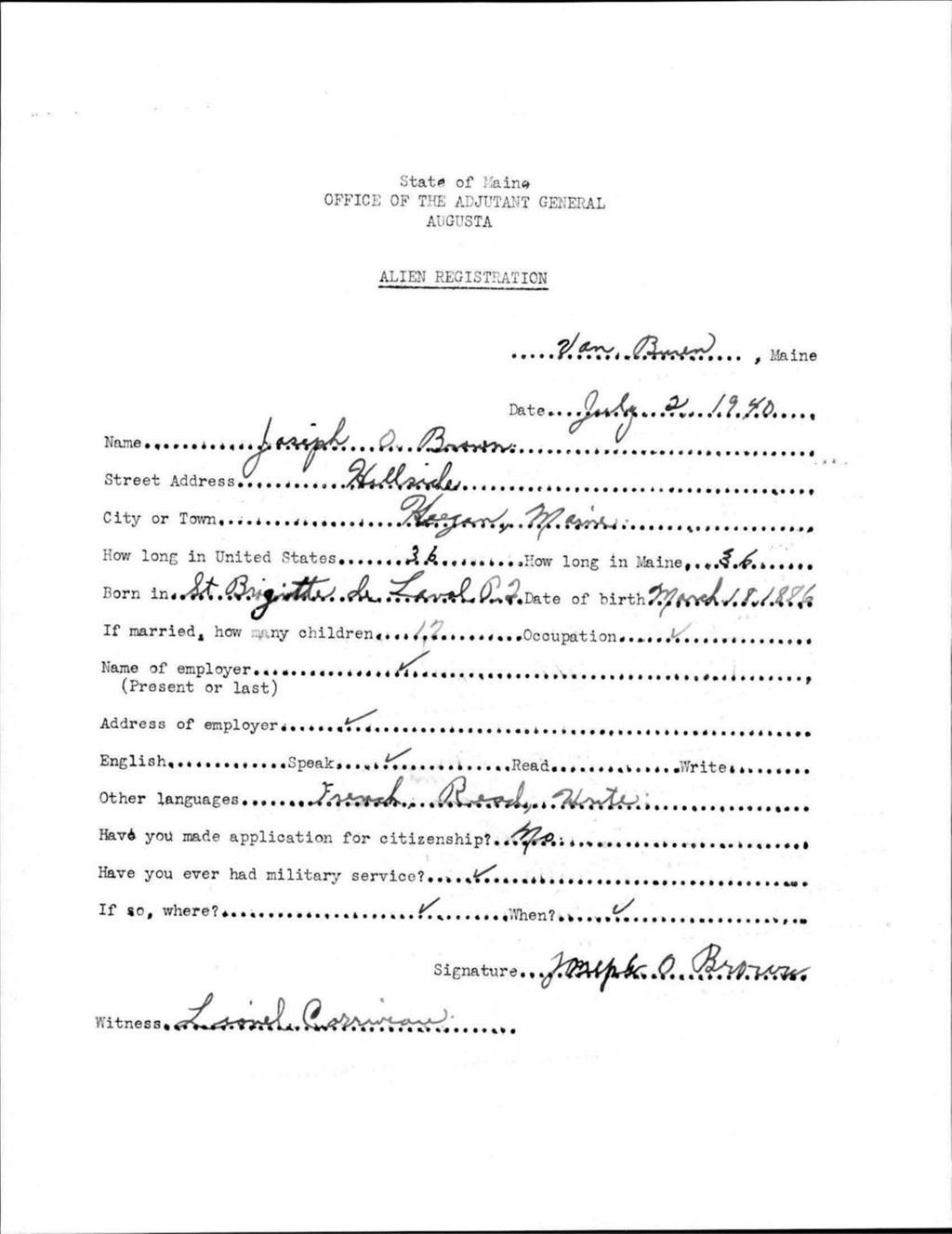 Miniature of Alien Registration- Brown, Joseph O. (Van Buren, Aroostook County)