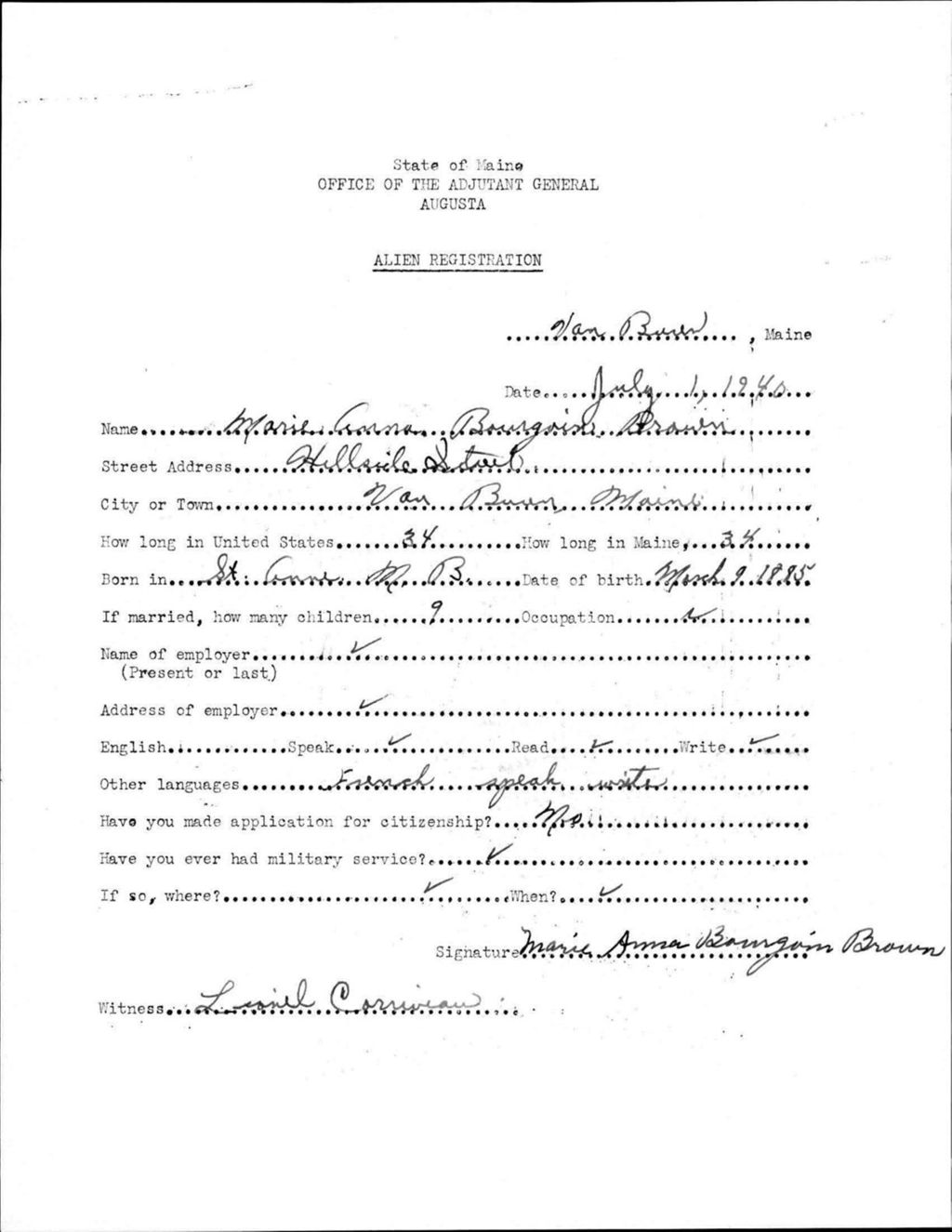 Miniature of Alien Registration- Bourgoin, Marie A. (Van Buren, Aroostook County)