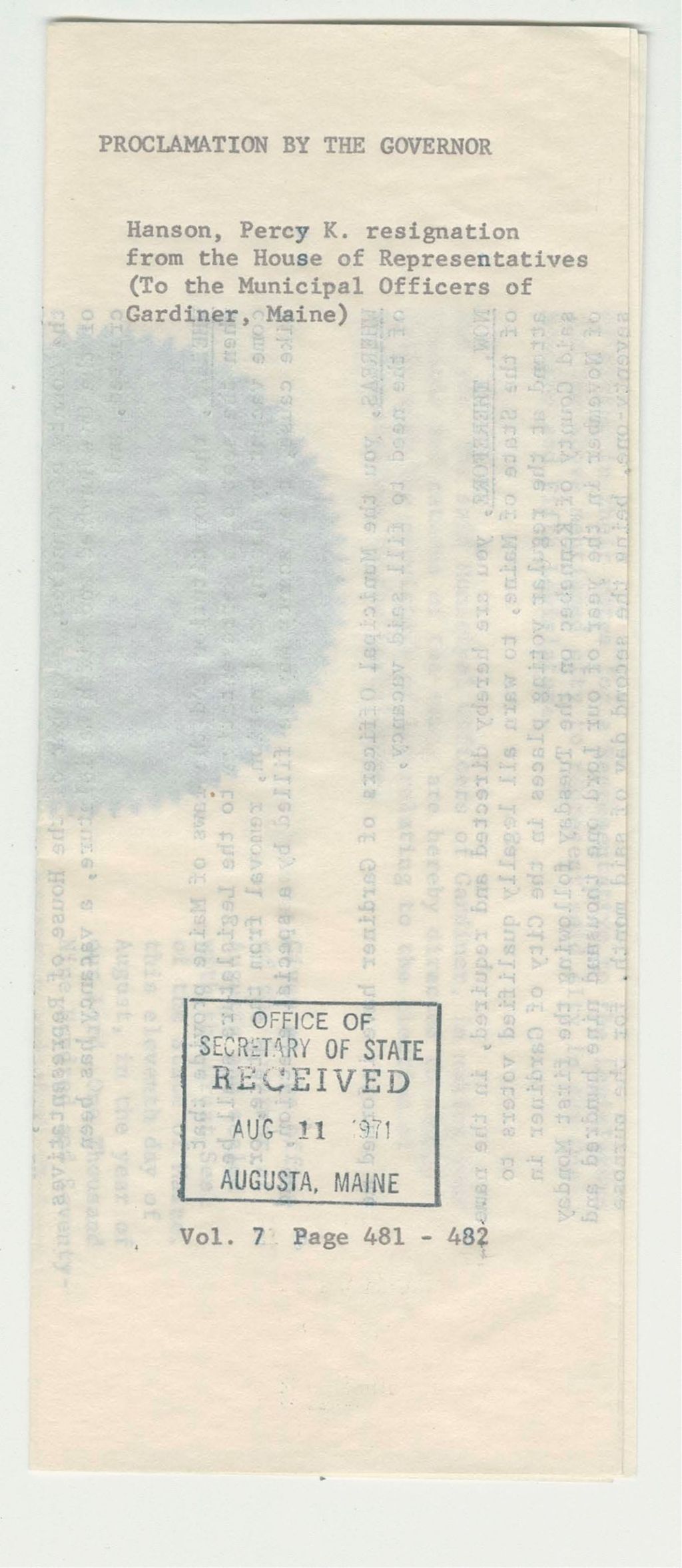 Miniature of Hanson, Percy K. resignation from the House of Representatives (to the municipal officers of Gardiner, Maine)