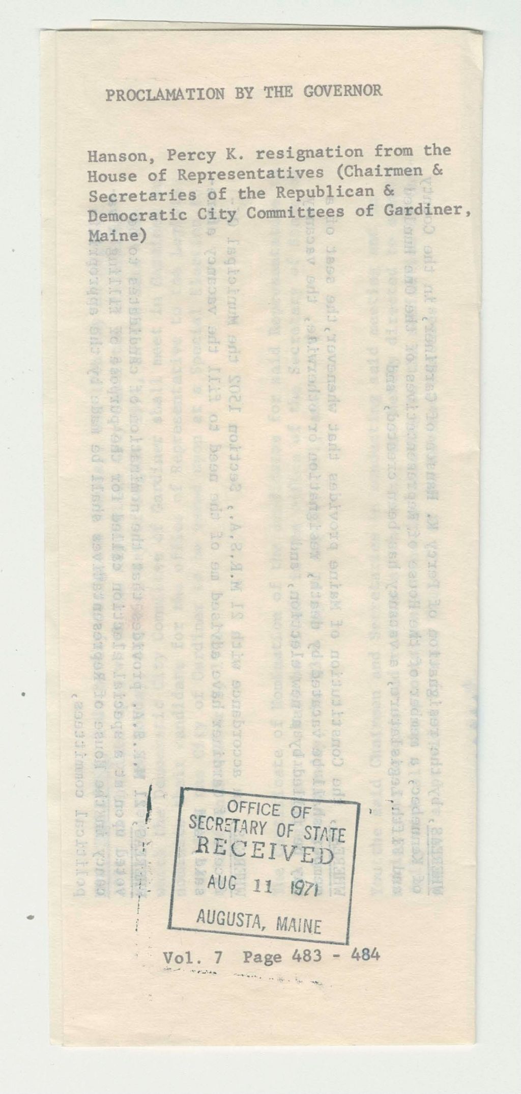 Miniature of Hanson, Percy K. resignation from the House of Representatives (Chairmen & Secretaries of the Republican & Democratic City Committees of Gardiner, Maine)