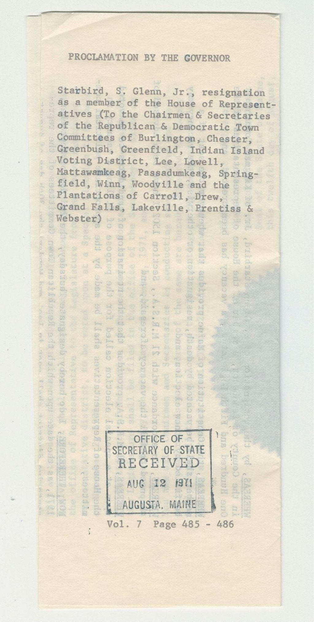 Miniature of Starbird, S. Glenn Jr. resignation as a member of the House of Representatives (to the chairmen and secretaries of the republican & democratic town committees of Burlington, Chester, Greenbush, Greenfield, Indian Island Voting District, Lee, Lowell, Mattawamkeag, Passadumkeag, Springfield, Winn, Woodville, and the plantations of Carroll, Drew, Grand Falls, Lakeville, Prentiss & Webster)