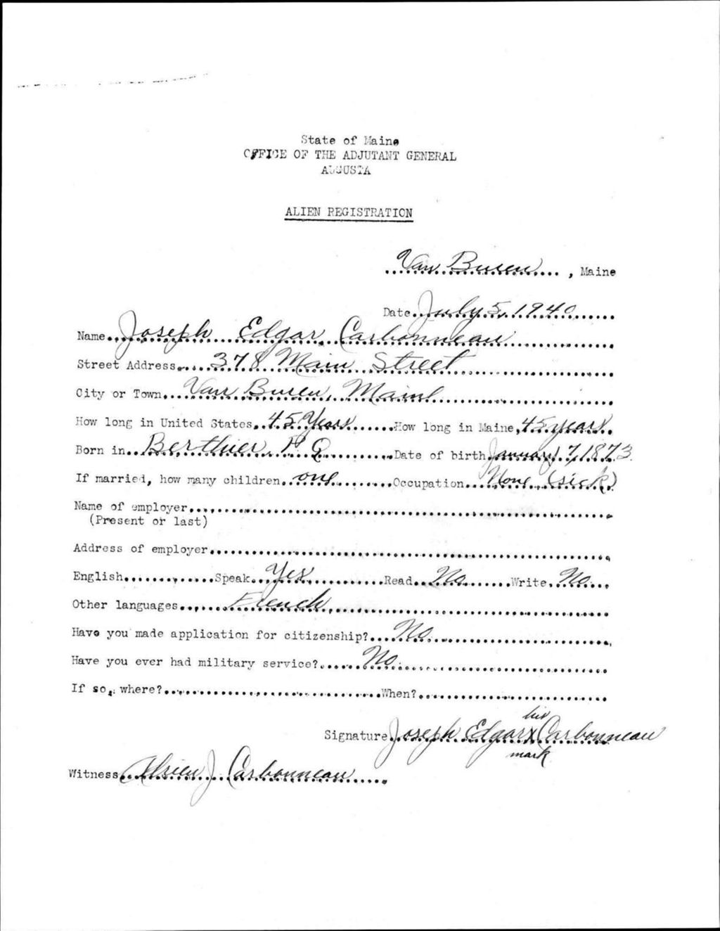 Miniature of Alien Registration- Carbonneau, Joseph E. (Van Buren, Aroostook County)