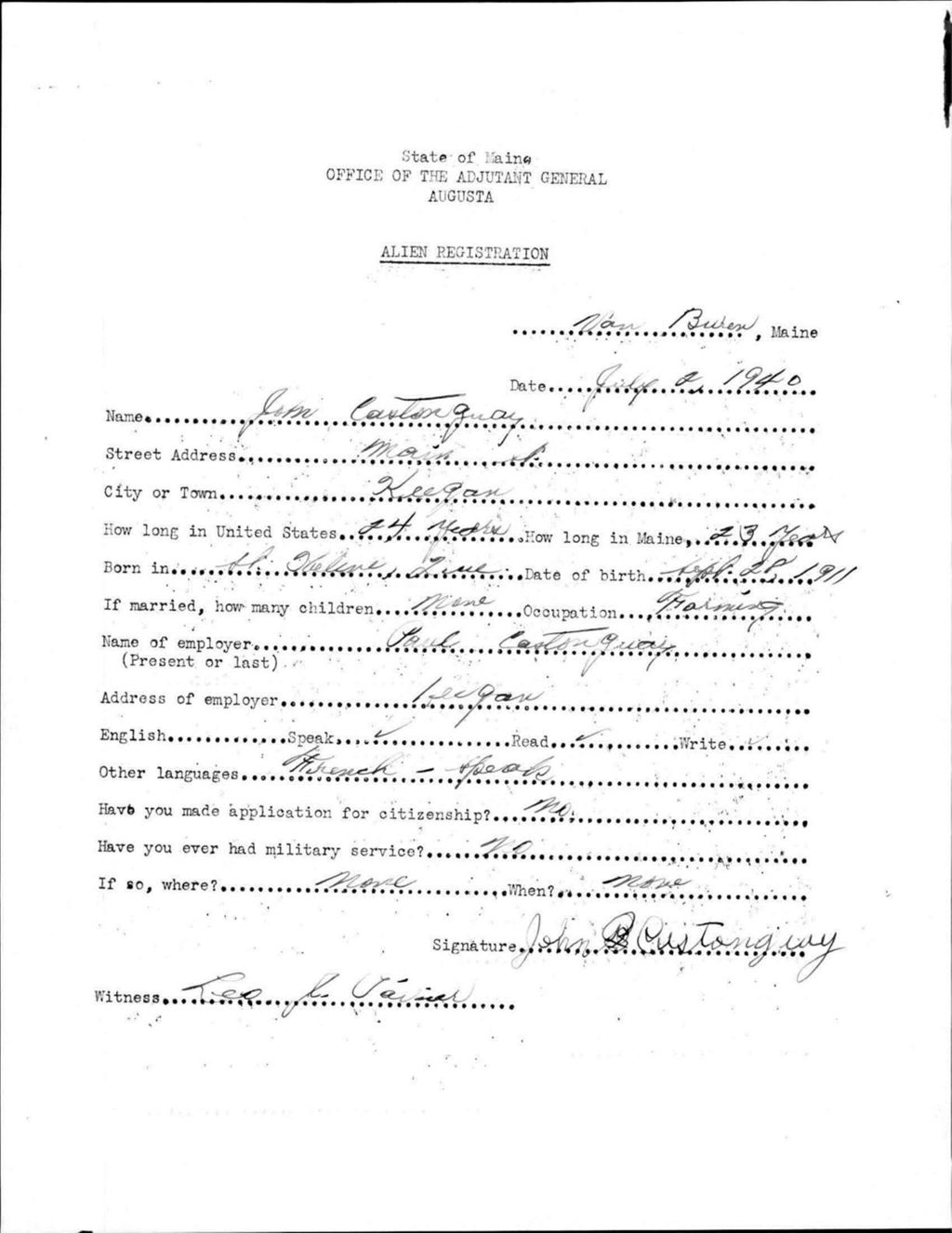 Miniature of Alien Registration- Castonguay, John (Van Buren, Aroostook County)