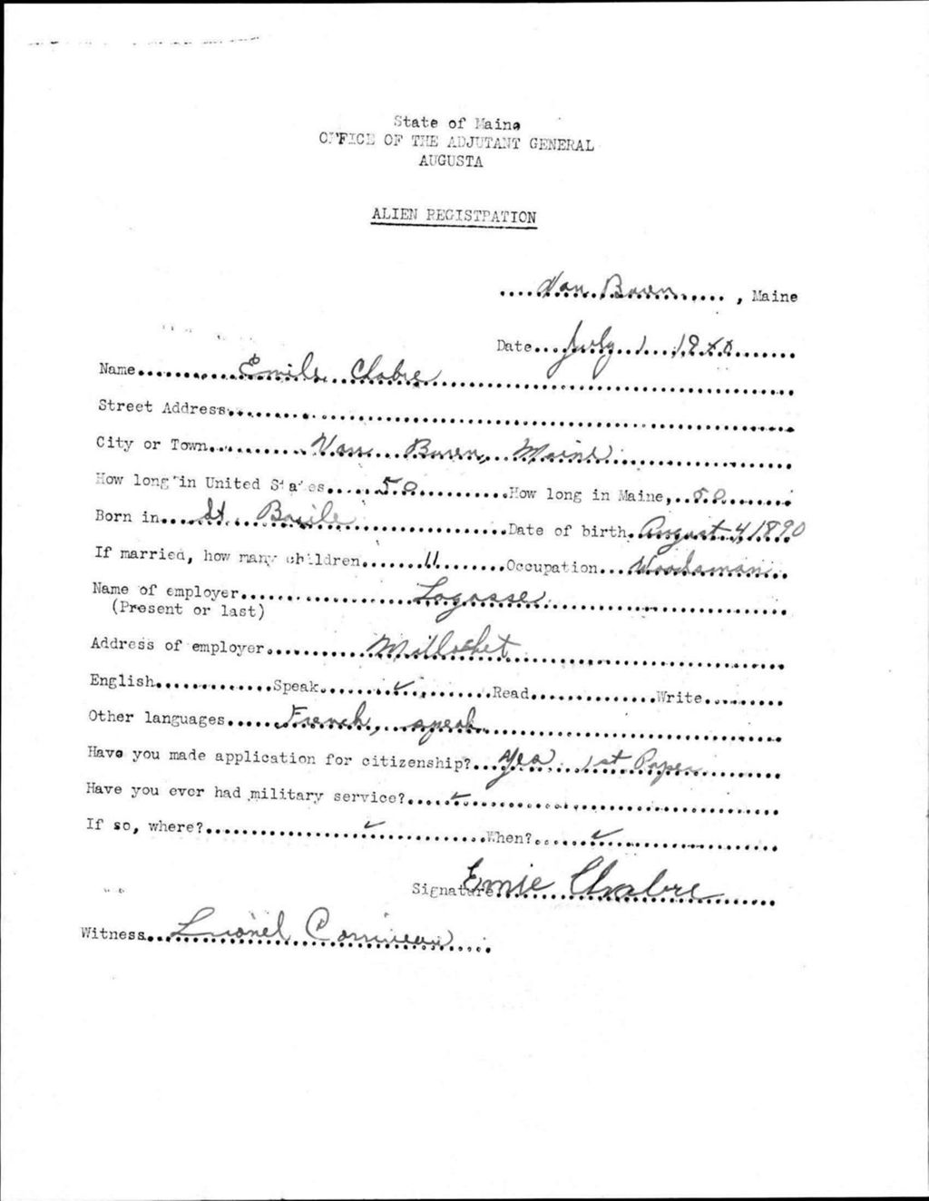 Miniature of Alien Registration- Chabe, Emile (Van Buren, Aroostook County)