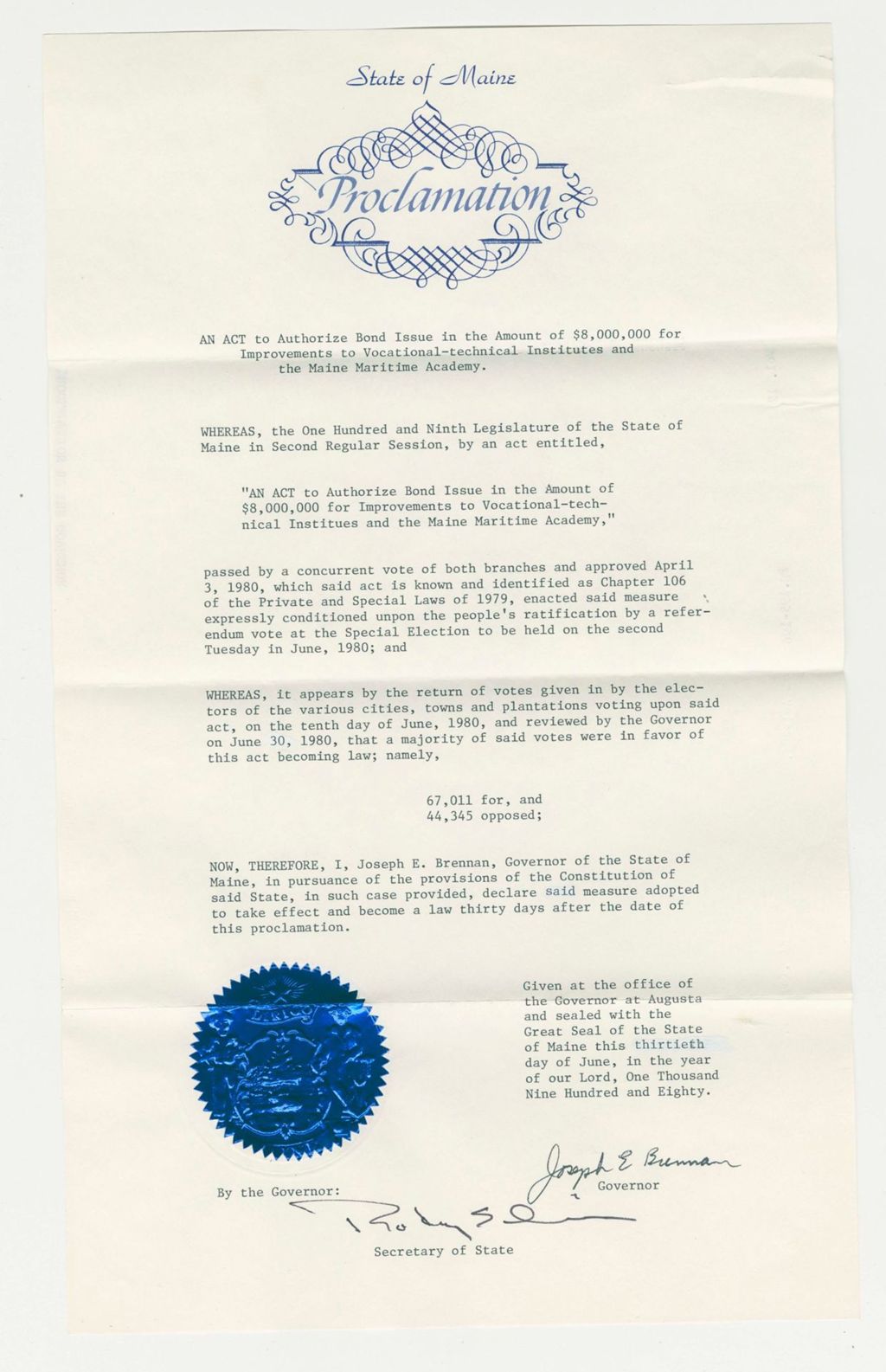 Miniature of Acceptance of Bond Issue for improvements to Vocational-technical Institutes and the Maine Maritime Academy