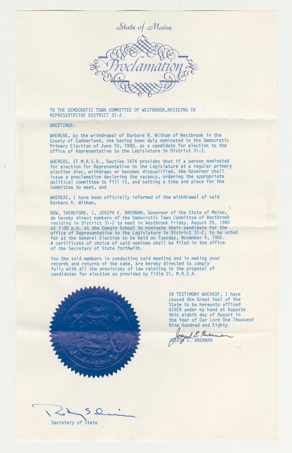 Miniature of Nomination for Representative District 31-2, due to resignation of Barbara R. Witham