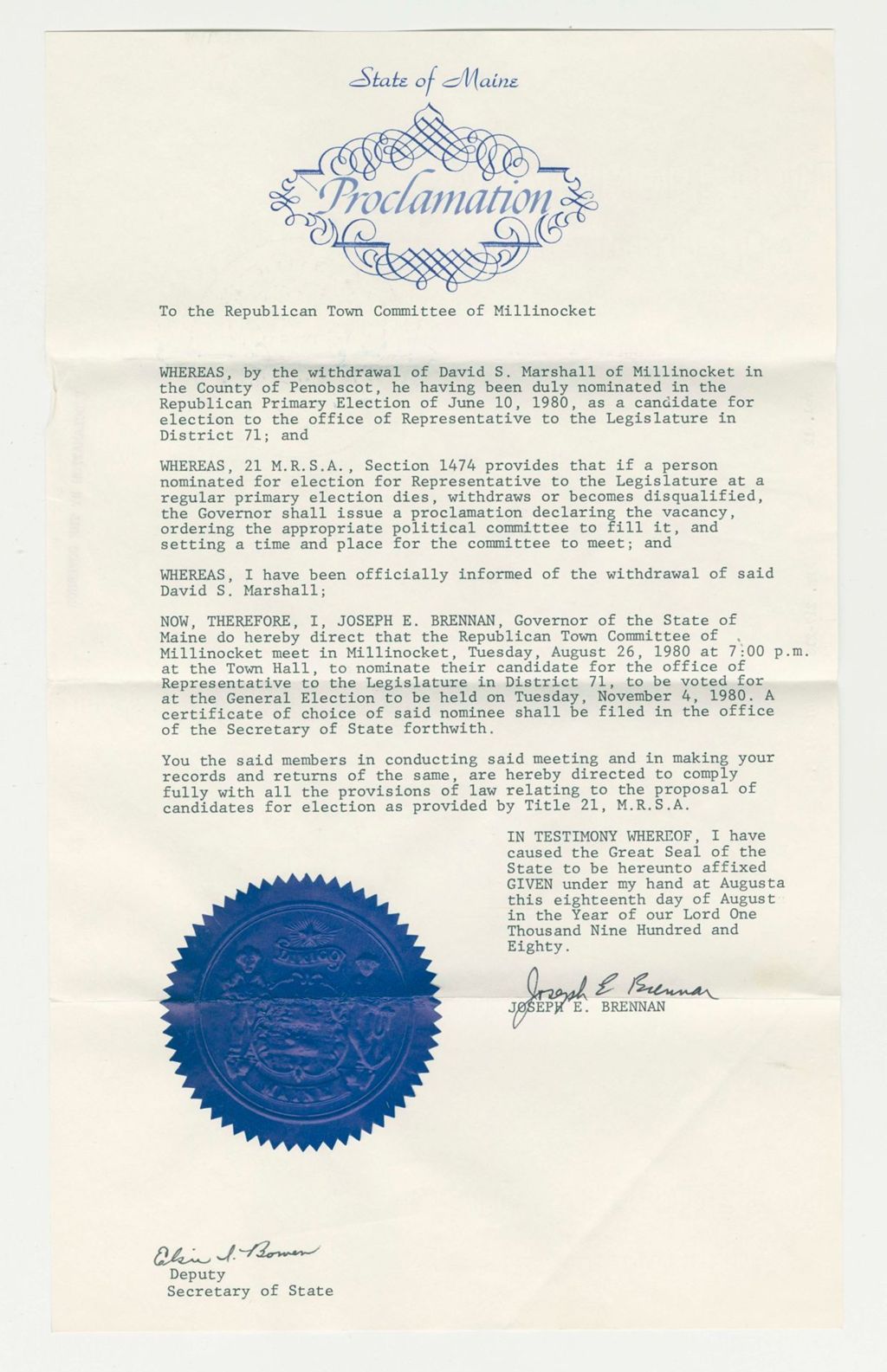 Miniature of Nomination for Election due to withdrawal of David S. Marshall (Millinocket)