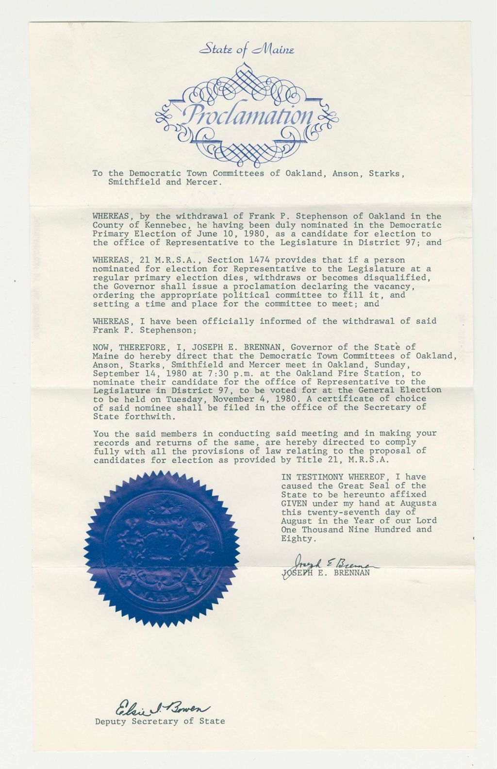 Miniature of Nomination for Election due to withdrawal of Frank P. Stephenson (Oakland)