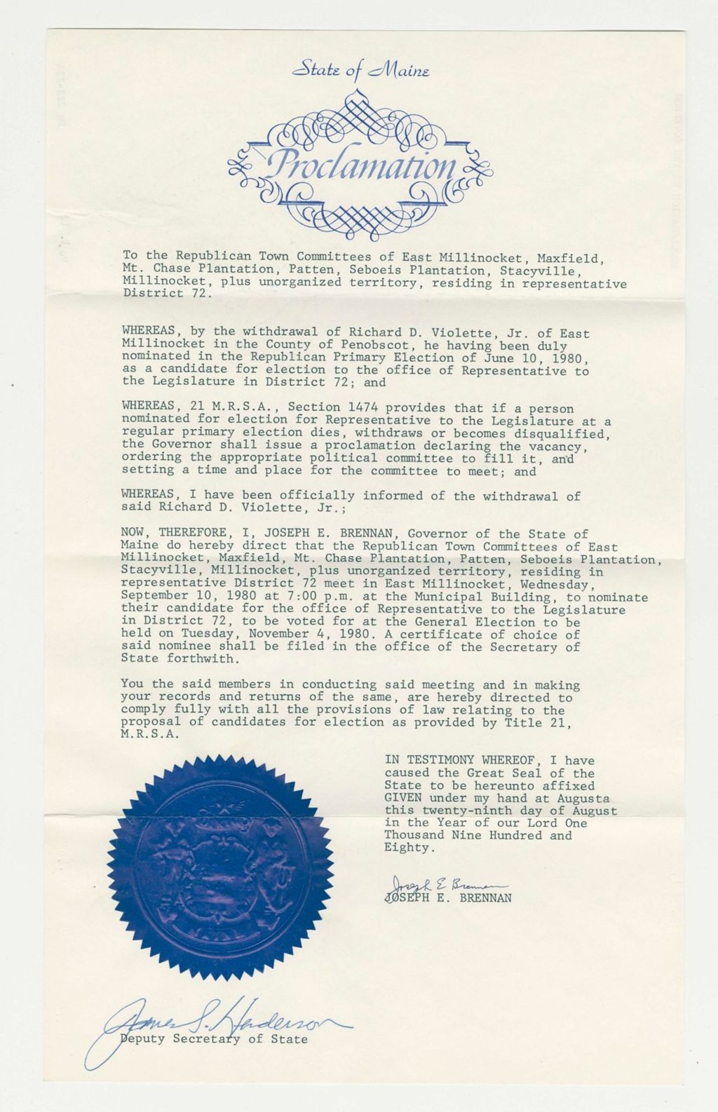 Miniature of Nomination for Election due to withdrawal of Richard D. Violette, Jr. (East Millinocket)