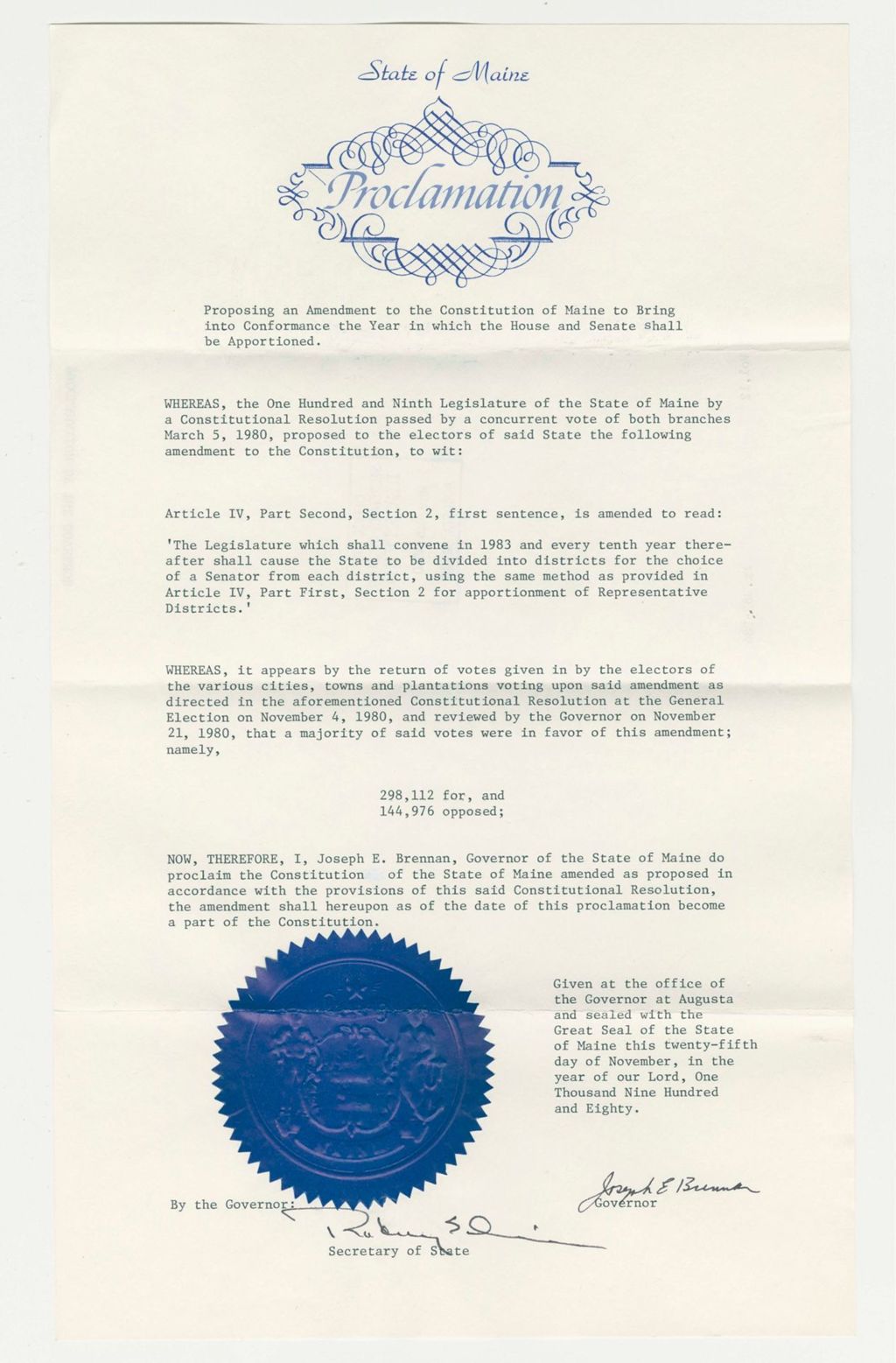 Miniature of Acceptance of an Amendment to the Constution on House and Senate Apportionment