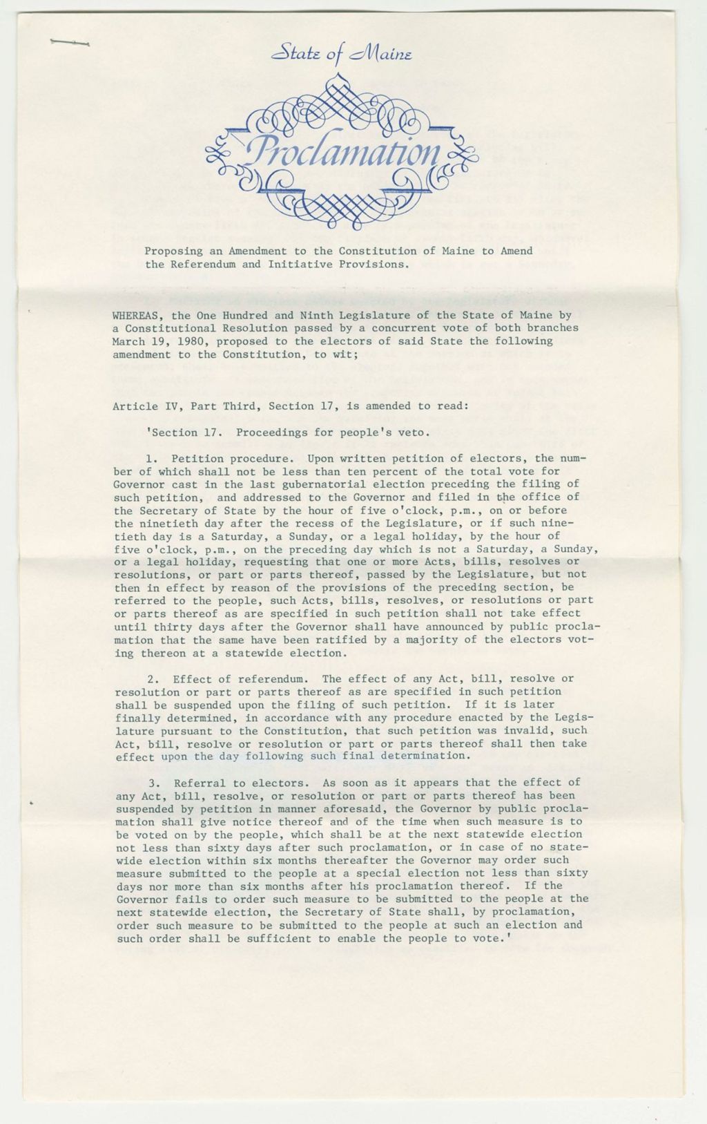 Miniature of Acceptance of Amendment to Constution on Referendum and Initiative Provisions