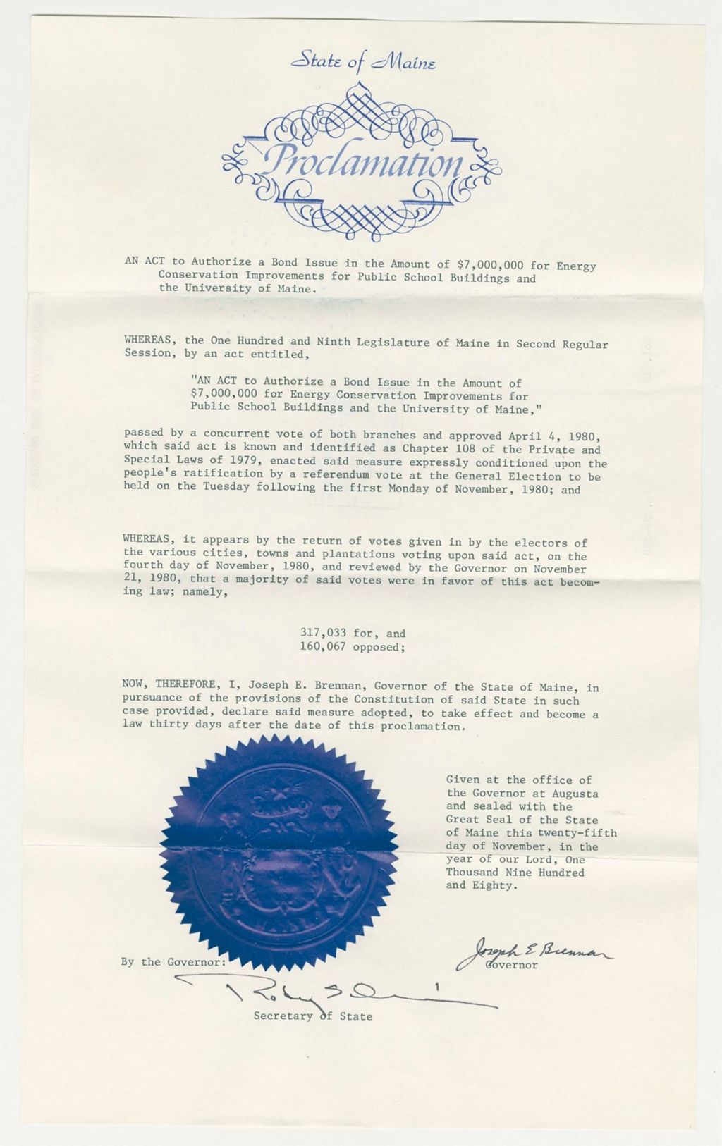 Miniature of Acceptance of Bond Issue for Energy Conservation Improvements for Public School Buildings and the University of Maine