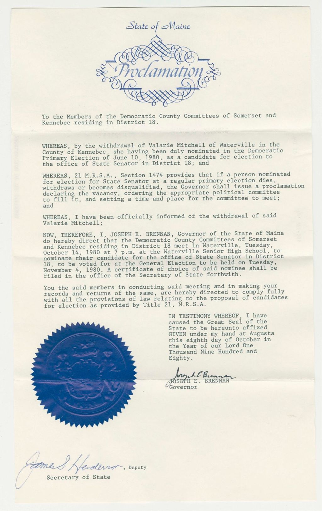 Miniature of Nomination for Election due to withdrawal of Valarie Mitchell (Waterville)