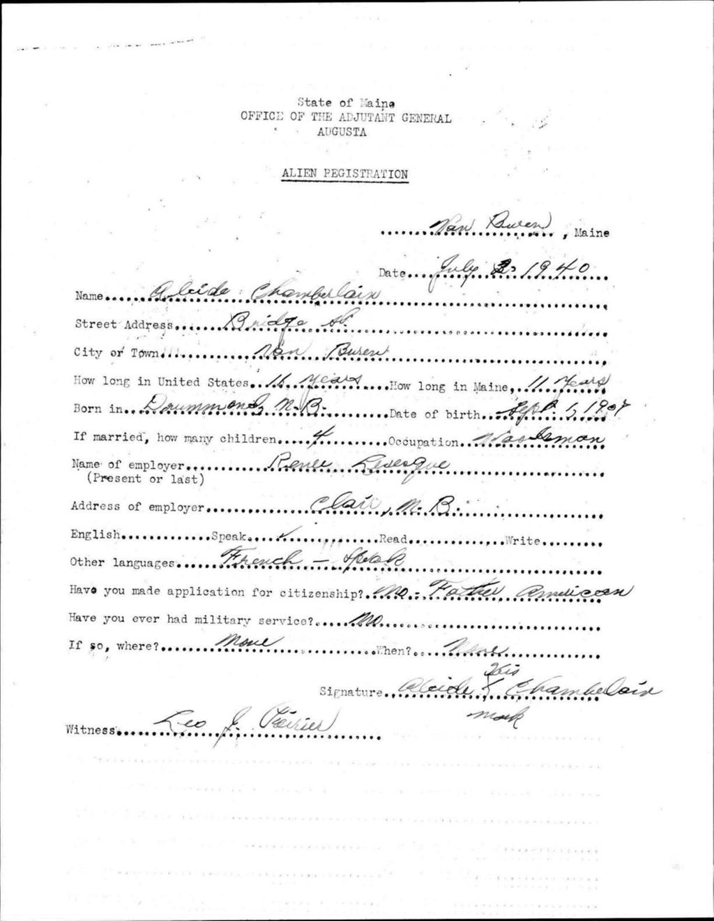 Miniature of Alien Registration- Chamberlain, Alcide (Van Buren, Aroostook County)