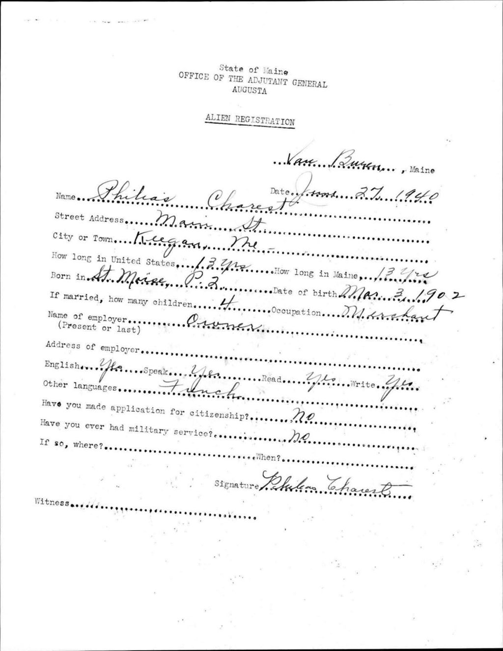 Miniature of Alien Registration- Charest, Philias (Van Buren, Aroostook County)