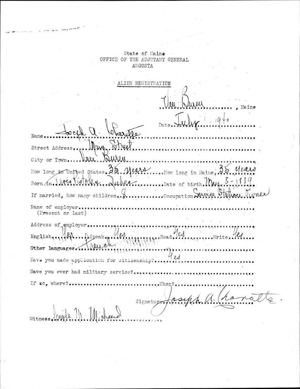 Miniature of Alien Registration- Charette, Joseph A. (Van Buren, Aroostook County)