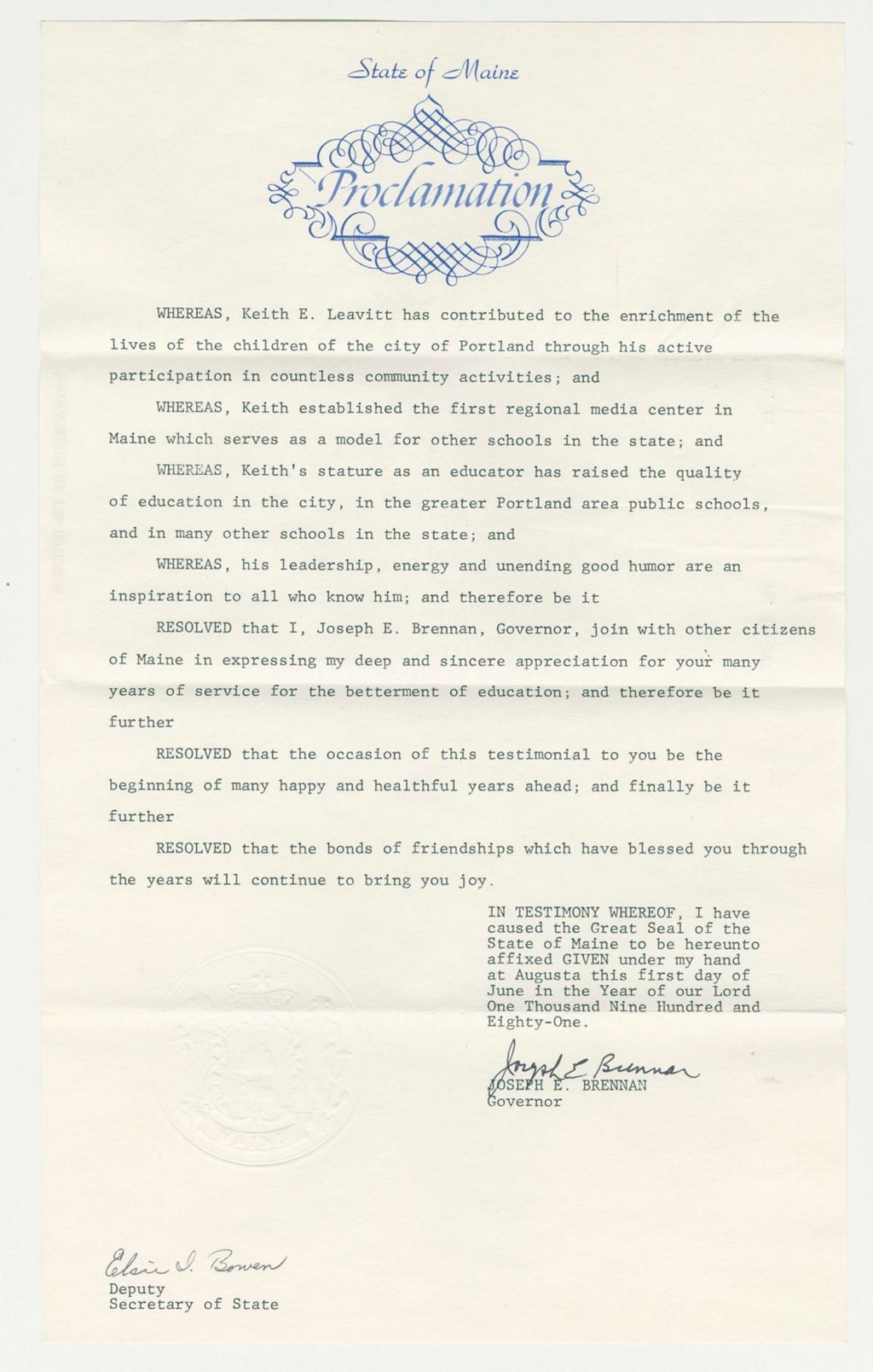 Miniature of Keith E. Leavitt Proclamation of Appreciation