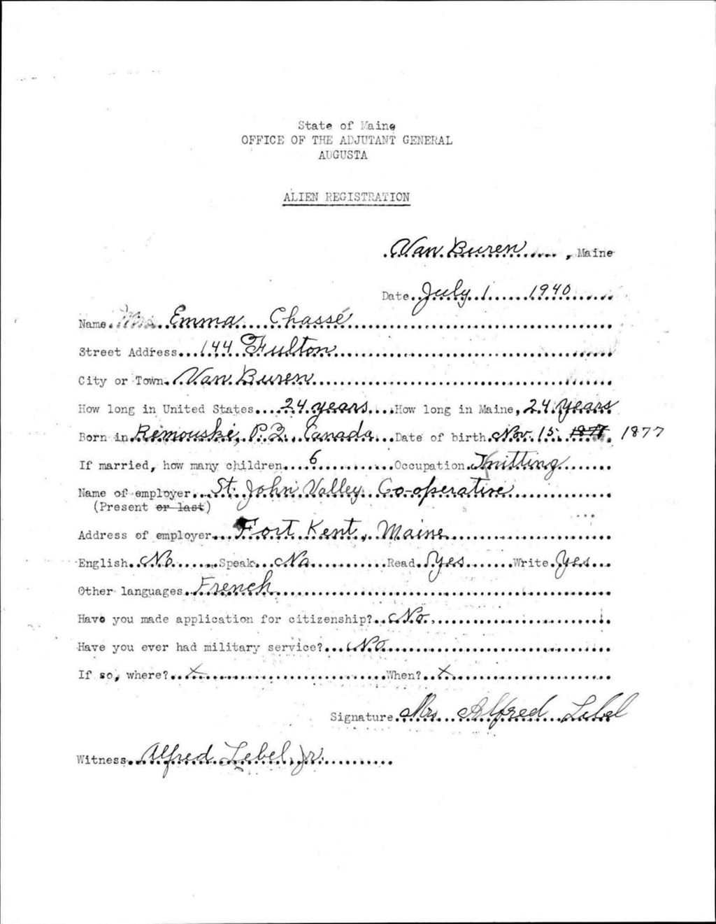 Miniature of Alien Registration- Chasse, Emma (Van Buren, Aroostook County)