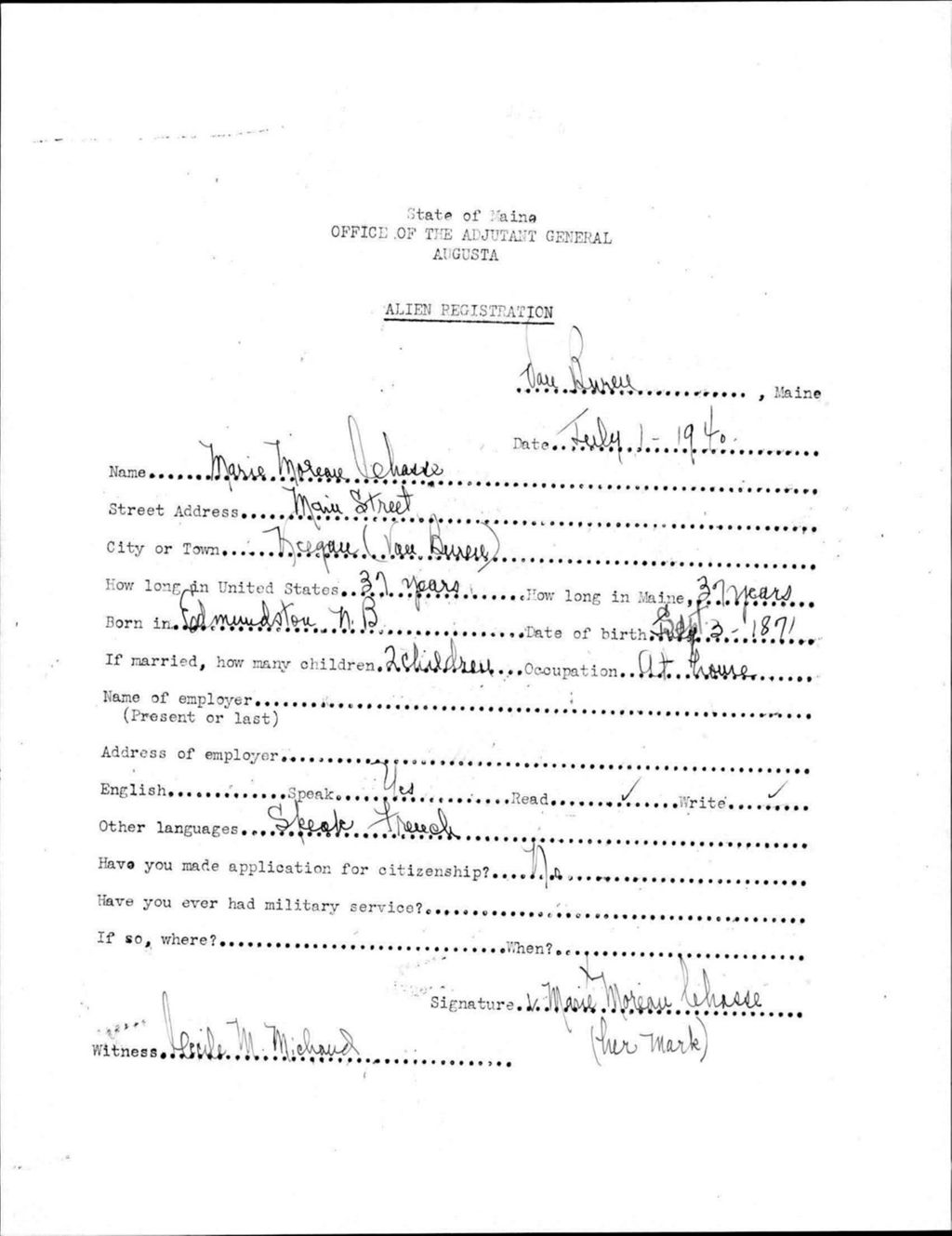 Miniature of Alien Registration- Moreau, Marie (Van Buren, Aroostook County)