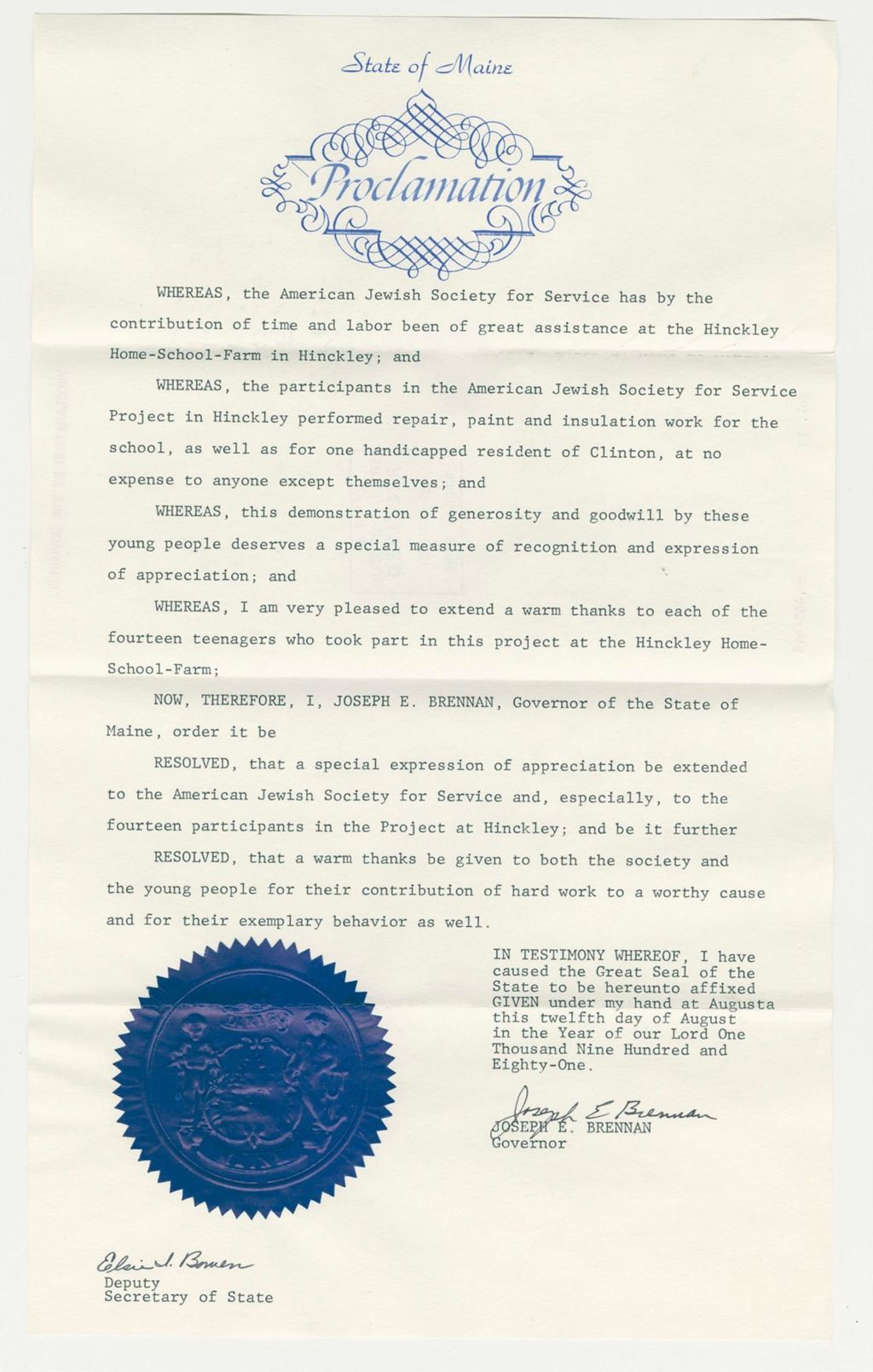 Miniature of American Jewish Society/ Hinckley Home-School-Farm Proclamation of Appreciation