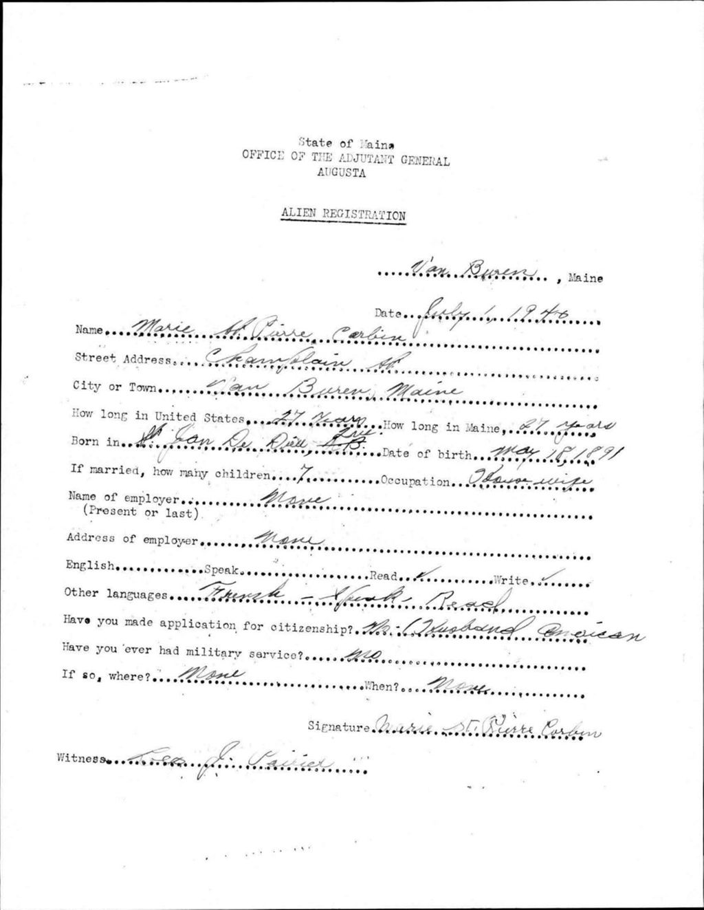 Miniature of Alien Registration- St Pierre, Marie (Van Buren, Aroostook County)