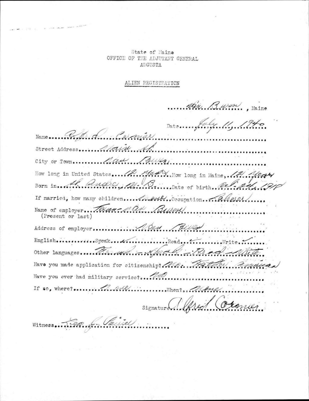 Miniature of Alien Registration- Cormier, Alfred (Van Buren, Aroostook County)