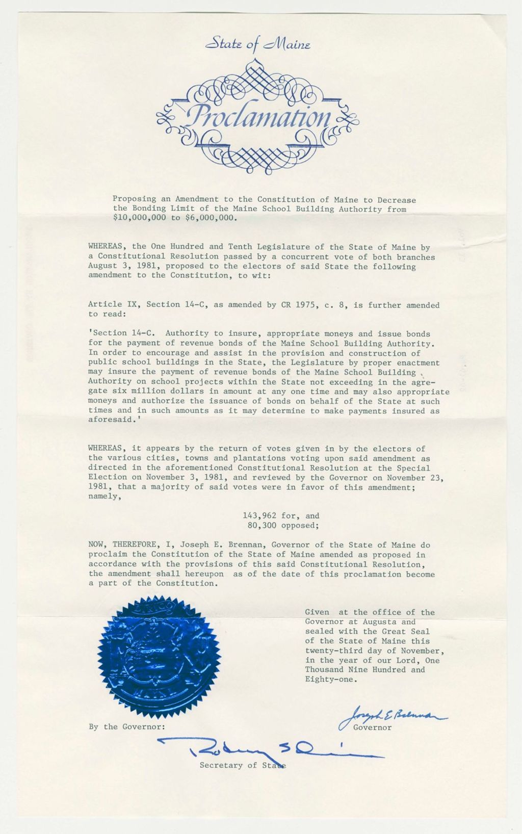 Miniature of Acceptance of Amendent to the Constitution of Maine to Decrease the Bonding Limit of the Maine School Building Authority from $10,000,000 to $6,000,000