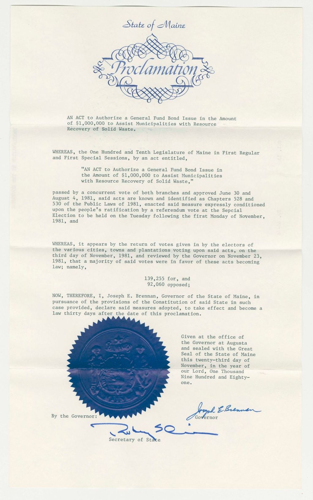 Miniature of Acceptance of an Act to Authorize a General Fund Bond Issue in the Amount of $1,000,000 to assist Municipalities with Resource Recovery of Solid Waste