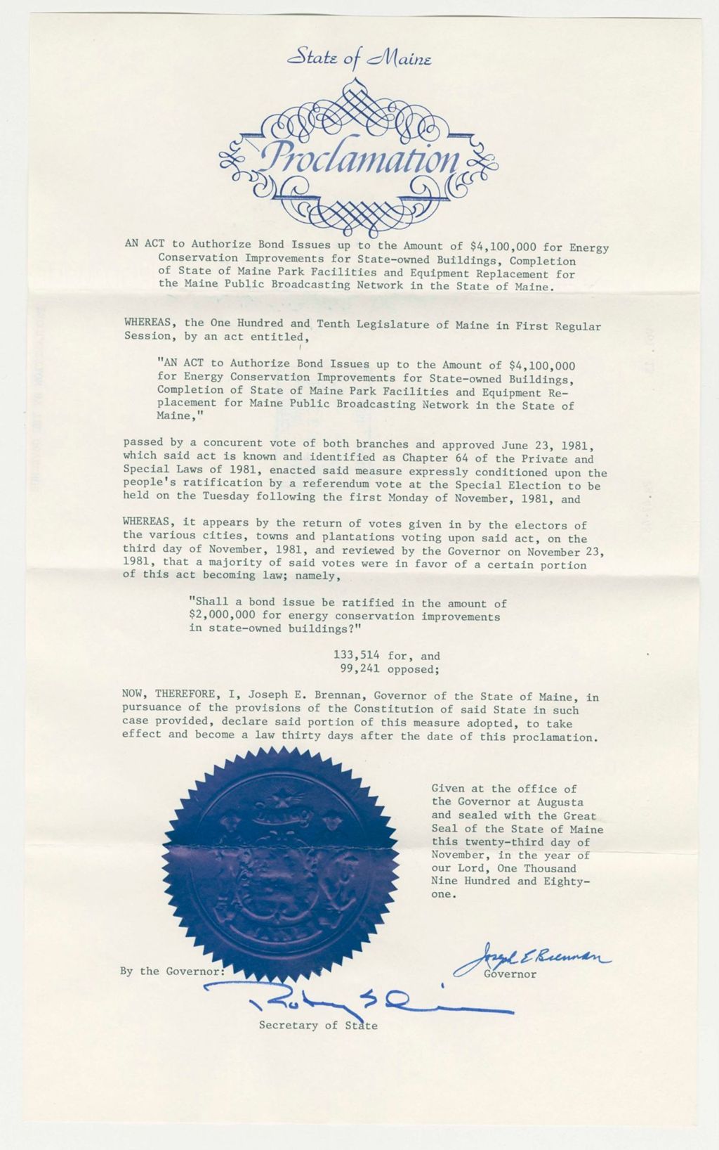 Miniature of Acceptance of an Act to Authorize Bond Issues for Energy Conservation Improvements for State-owned Buildings, Completion of State of Maine Park Facilities and Equipment Replacement for the Maine Public Broadcasting Network in the State of Maine