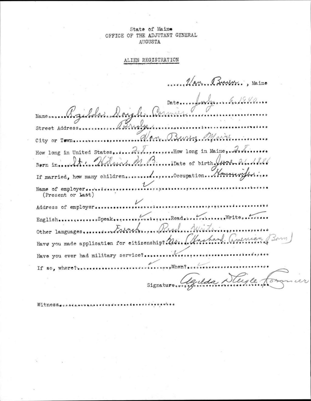 Miniature of Alien Registration- Daigle, Azilda (Van Buren, Aroostook County)