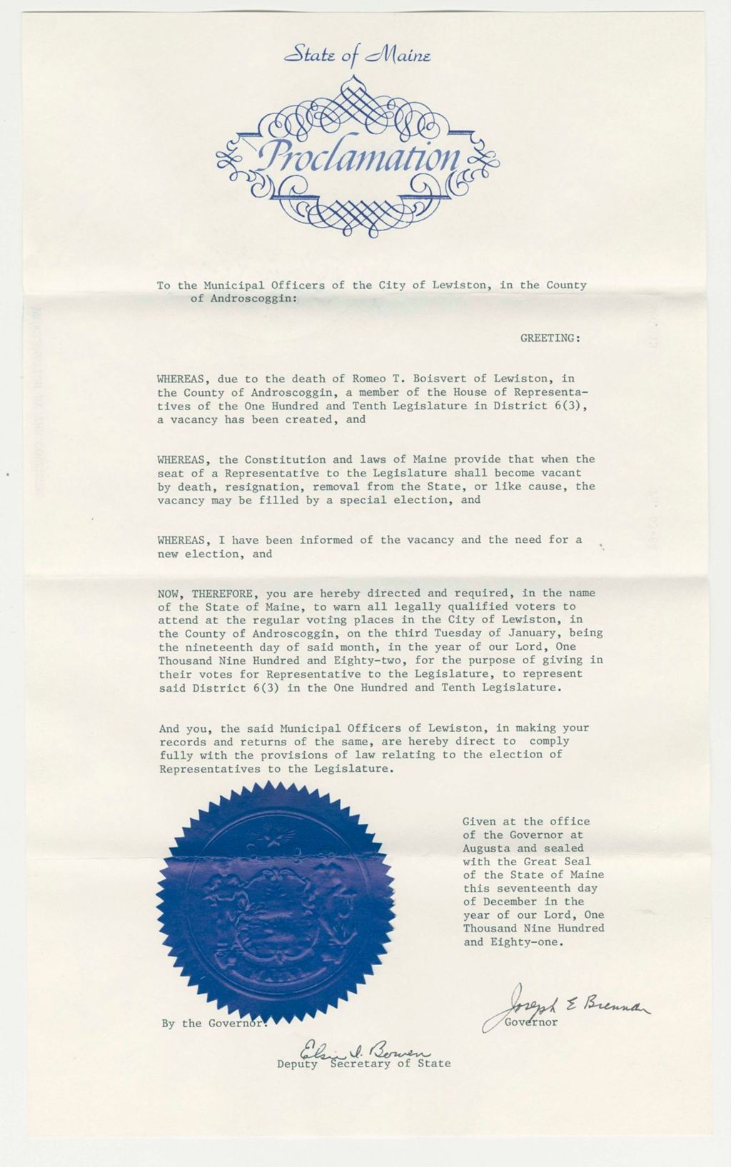 Miniature of Nomination for Election due to death of Romeo T. Boisvert