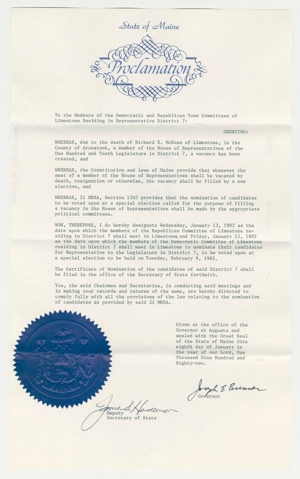 Miniature of Nomination of Election due to death of Richard E. McKean (Limestone)