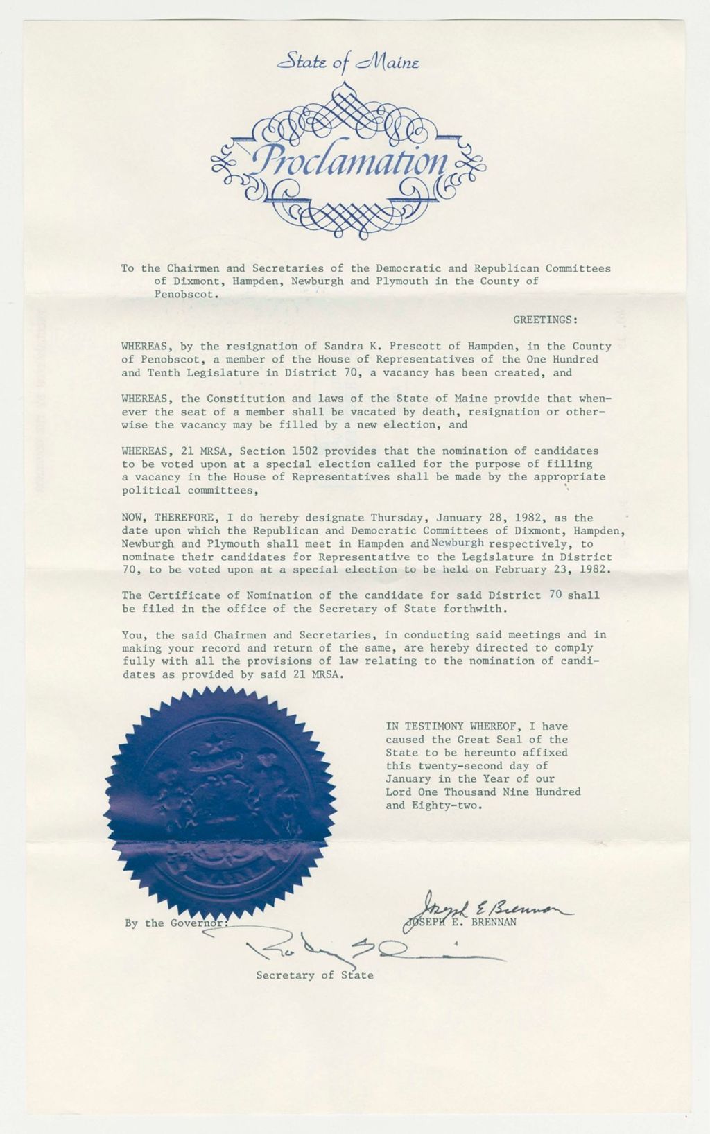 Miniature of Nomination for Election due to resignation of Sandra K. Prescott (Hampden)