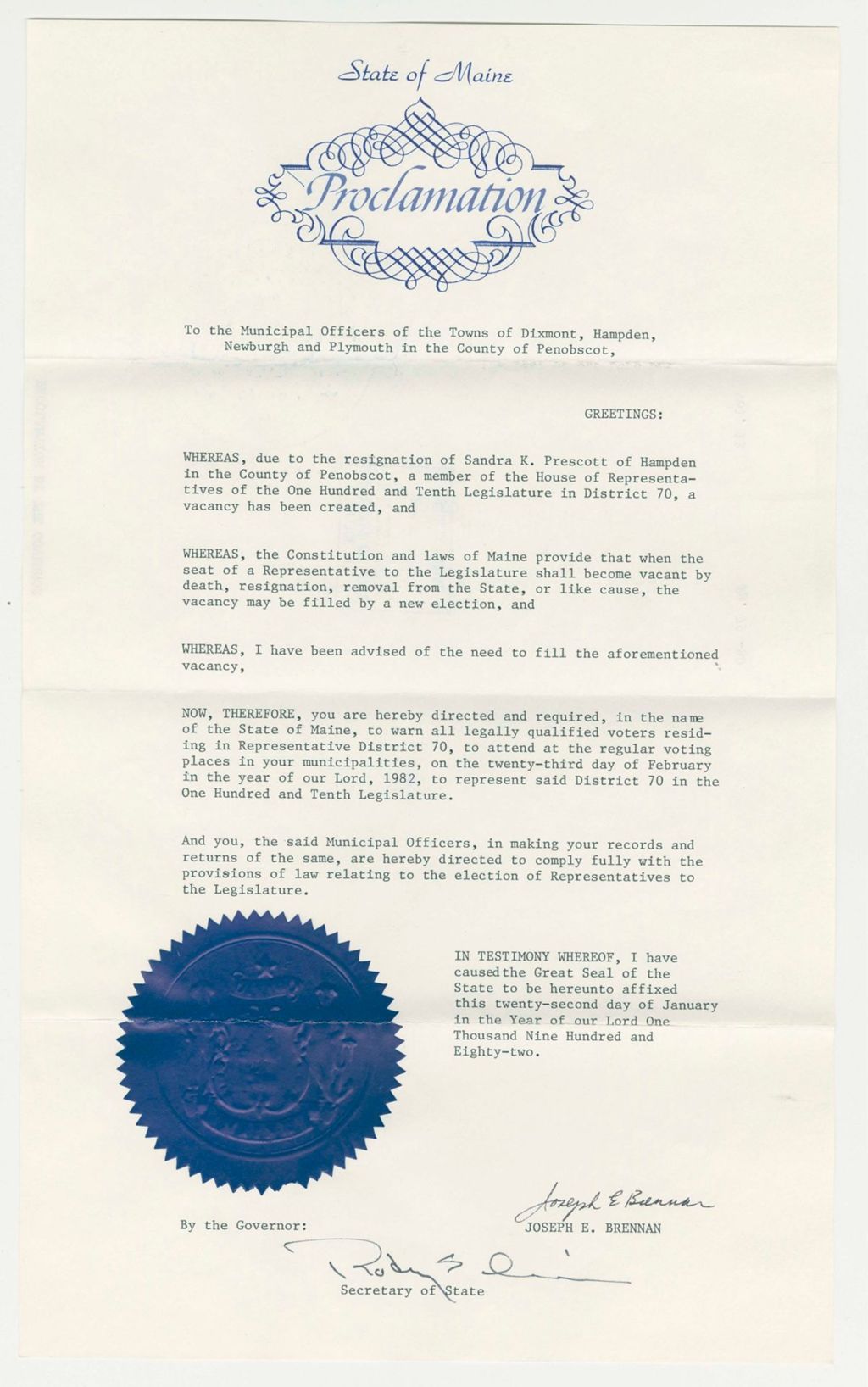 Miniature of Nomination for Election due to resignation of Sandra K. Prescott (Hampden)