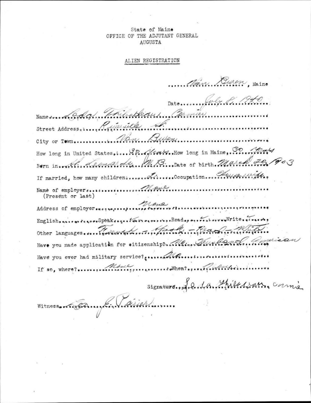 Miniature of Alien Registration- Thibodeau, Lada (Van Buren, Aroostook County)