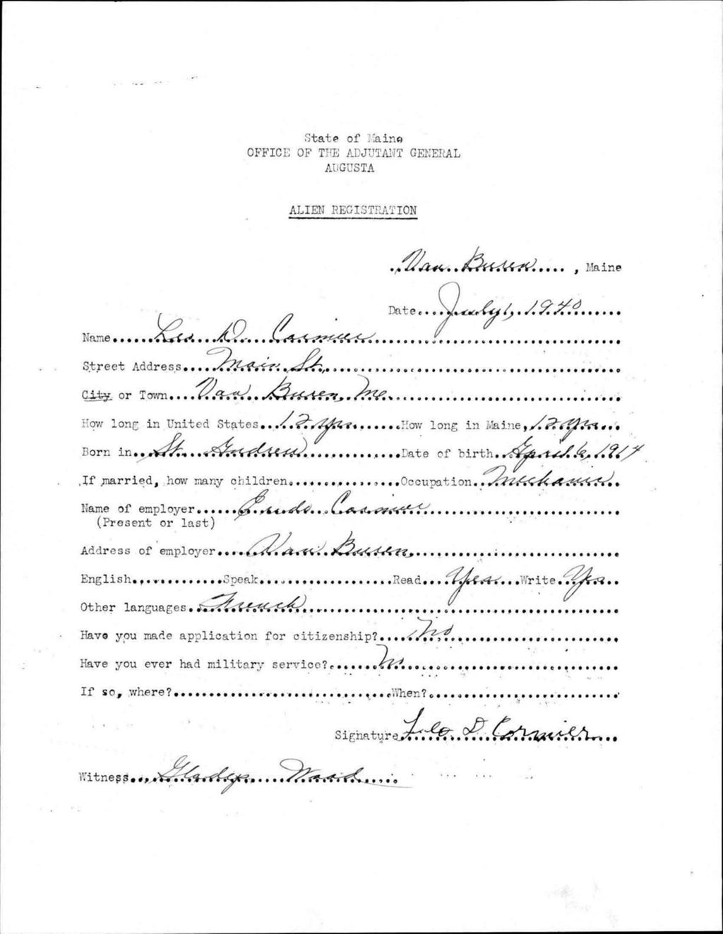 Miniature of Alien Registration- Cormier, Leo D. (Van Buren, Aroostook County)