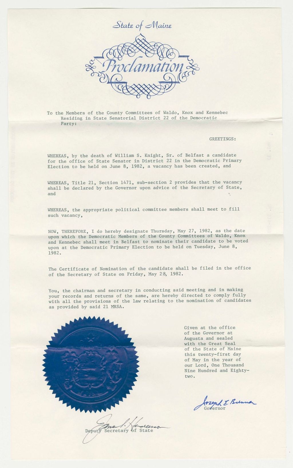 Miniature of Nomination for Election due to death of William S. Knight (Belfast)