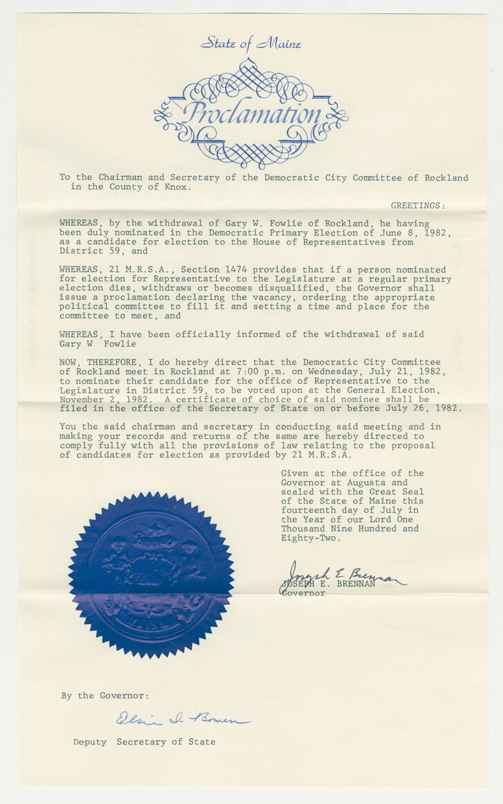 Miniature of Nomination for Election due to withdrawal of Gary W. Fowlie (Rockland)