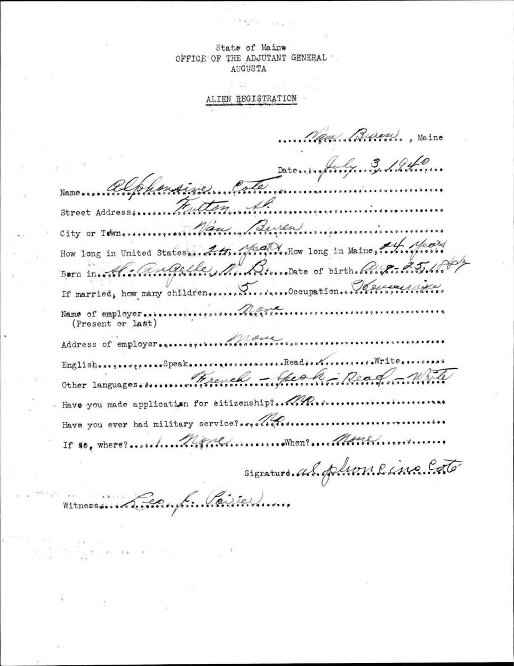 Miniature of Alien Registration- Cote, Alphonsine (Van Buren, Aroostook County)