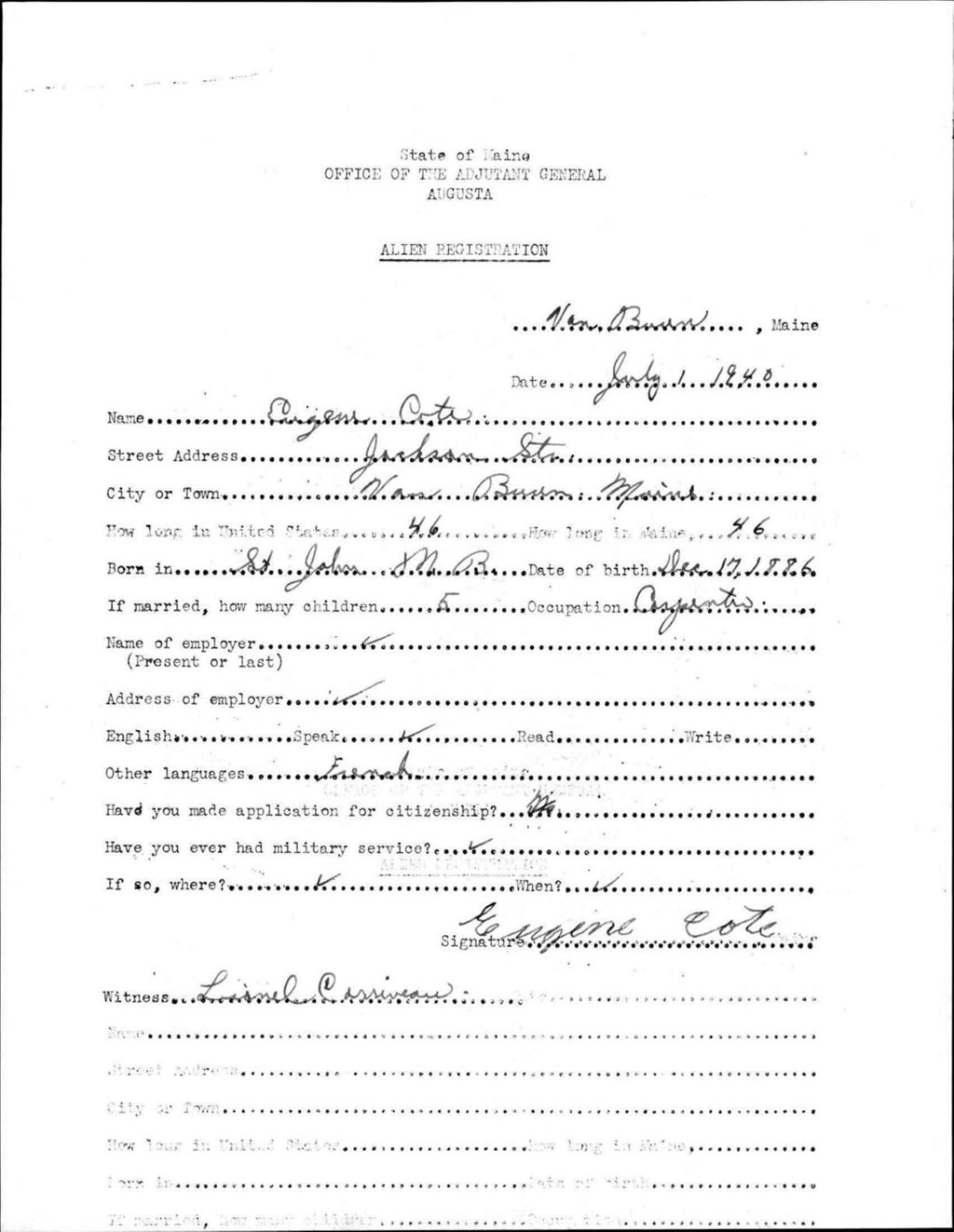 Miniature of Alien Registration- Cote, Eugene (Van Buren, Aroostook County)
