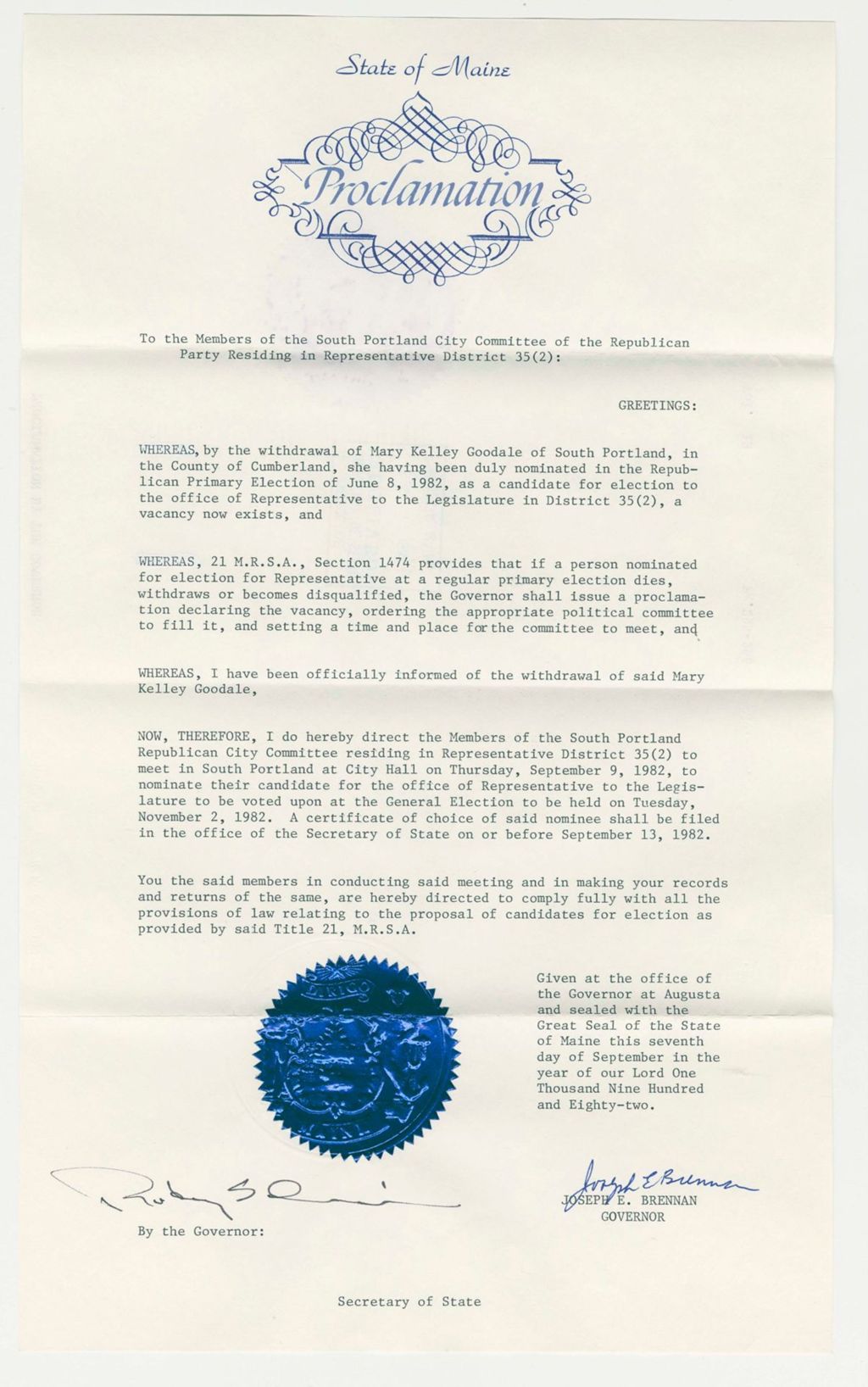 Miniature of Nomination for Election due to Withdrawal of Mary Kelley Goodale (South Portland)