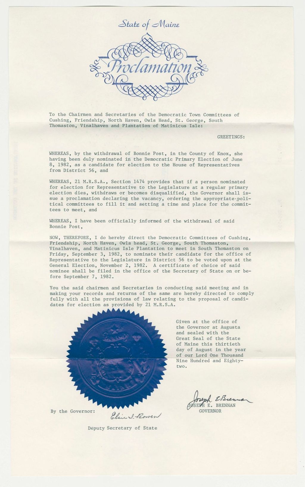 Miniature of Nomination for Election due to withdrawal of Bonnie Post (Knox County)
