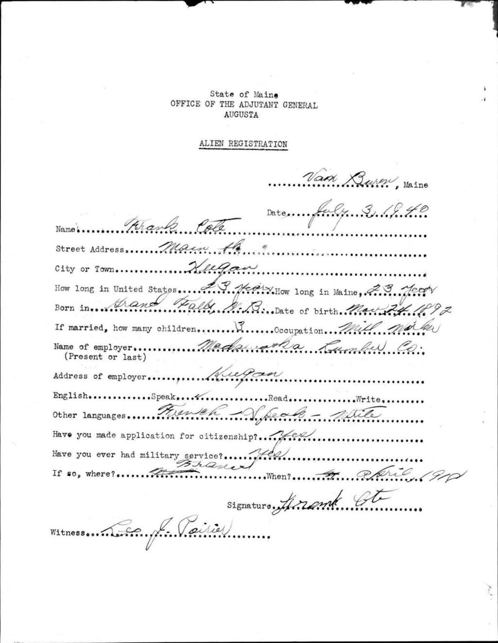 Miniature of Alien Registration- Cote, Frank (Van Buren, Aroostook County)