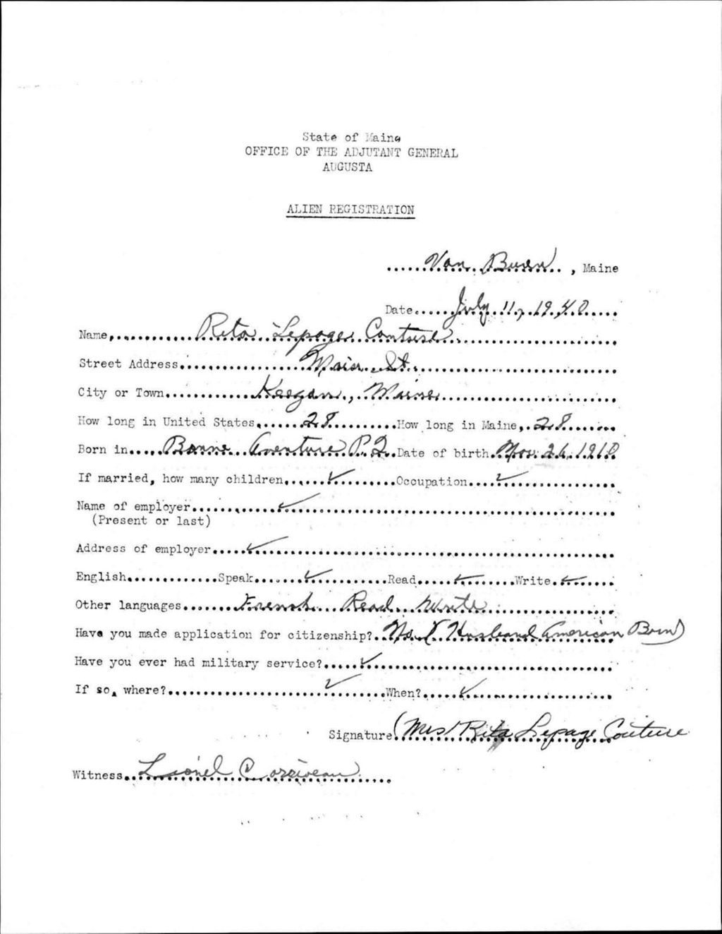Miniature of Alien Registration- Lepage, Rita (Van Buren, Aroostook County)
