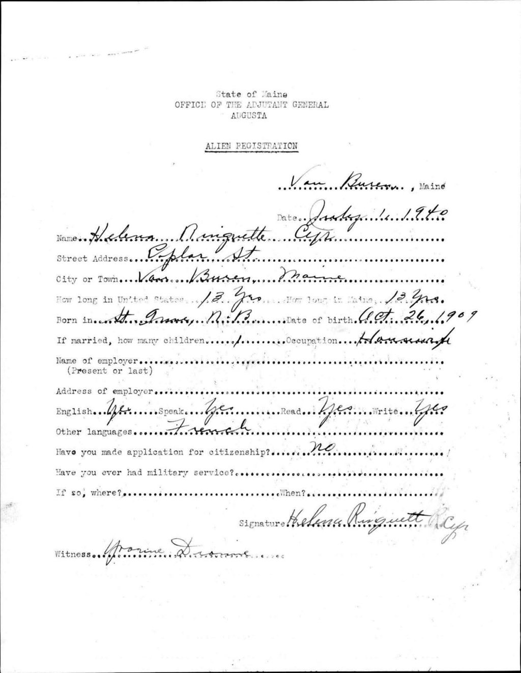 Miniature of Alien Registration- Ringuette, Helena (Van Buren, Aroostook County)