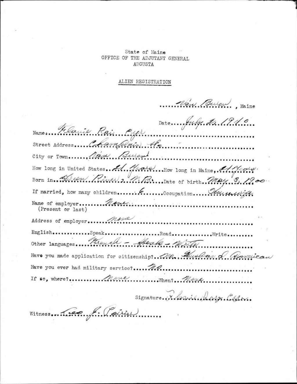 Miniature of Alien Registration- Roi, Flossie (Van Buren, Aroostook County)