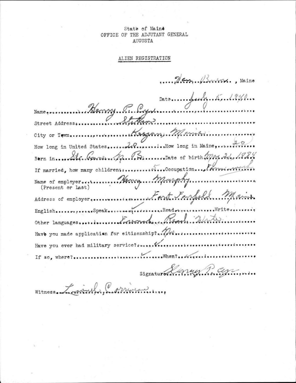 Miniature of Alien Registration- Cyr, Henry P. (Van Buren, Aroostook County)