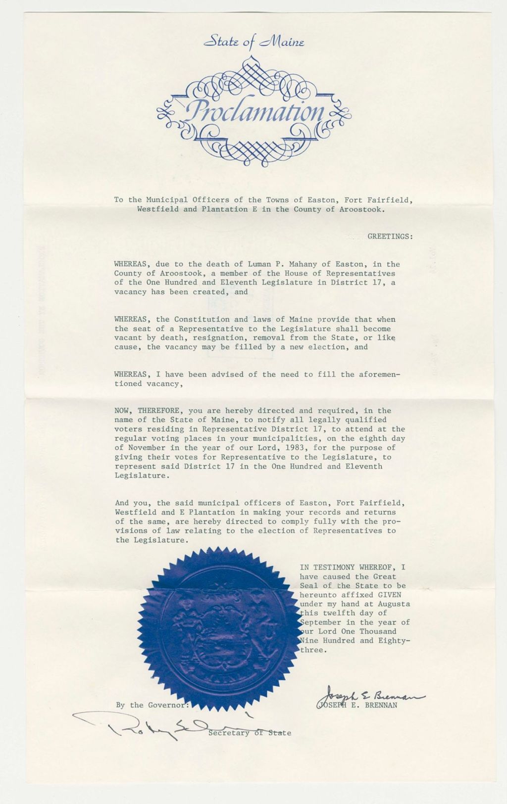 Miniature of Nomination for Election due to death of Luman P. Mahany
